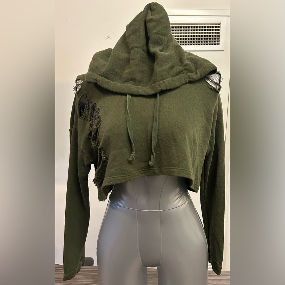 Fashion Nova Olive Green Distressed Cropped Hoodie